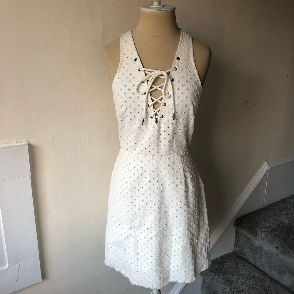 Saylor REVOLVE White Nayda Perforated Lace-Up Denim Mini Dress EUC Size XS